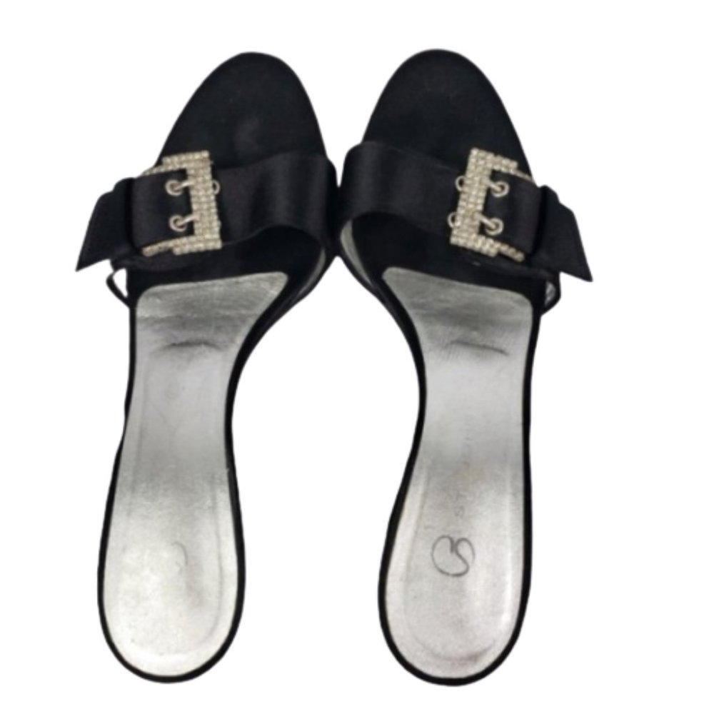 St John Rhinestone Buckle Black Satin Heels 8
